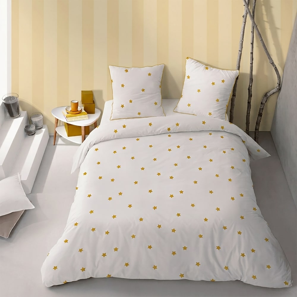 Parure De Lit Imprimée 100% Coton, Nuit Etoilée Blanc, Cannelle