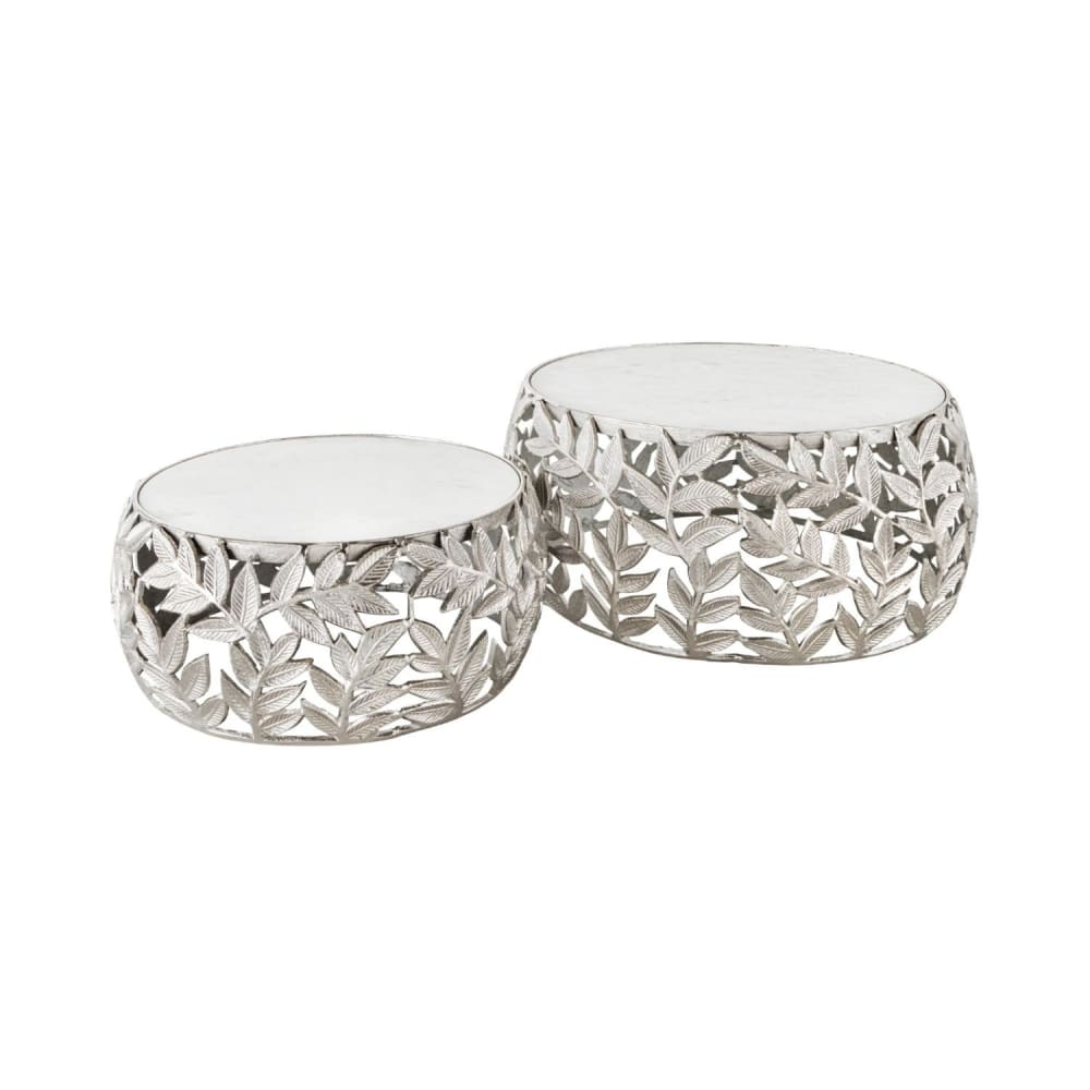 Lot de 2 tables basses METRIX argentées avec plateau en marbre Tables basses design motif feuillage