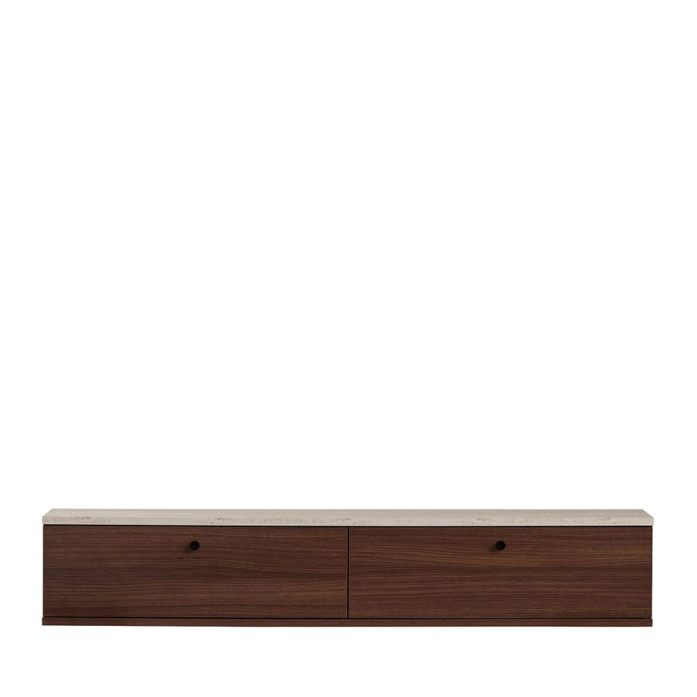 Meuble Tv Suspendu 2 Portes En Bois Et Effet Travertin L140cm - Bois Foncé - Yara