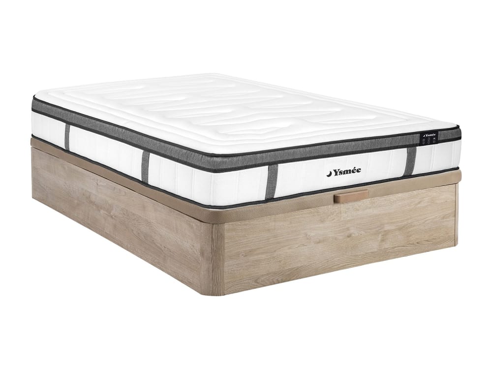 Ensemble 160 x 200 cm sommier coffre naturel clair + matelas hybride ressorts ensachés 7 zones et mémoire de forme ép.30cm -