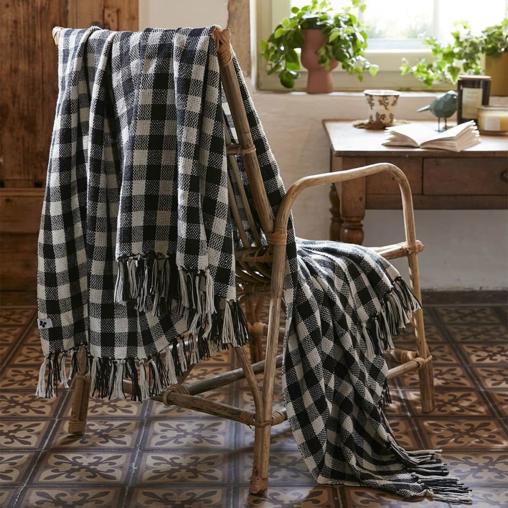 Plaid à franges 100% recyclé tissage pieds de poule 180x220cm