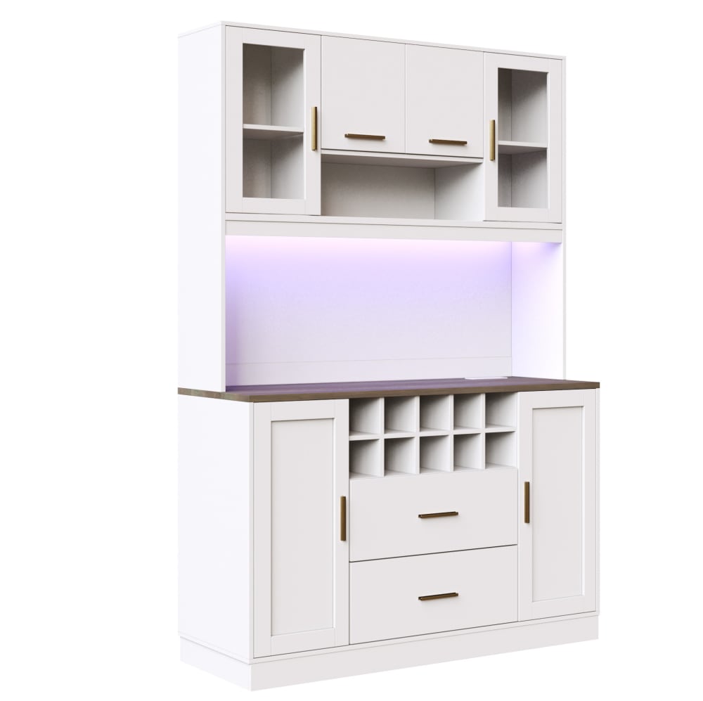 Buffet 120 cm en MDF blanc avec LED, 6 portes et 2 tiroirs