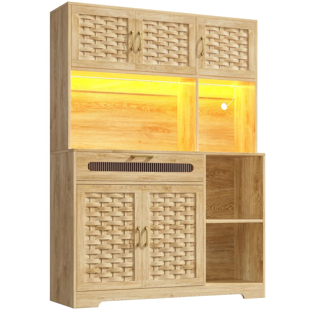 Buffet haut 120 cm en MDF naturel avec portes vitrées et éclairage LED