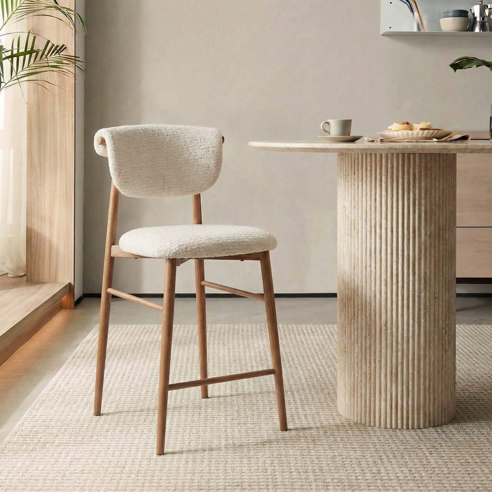 Adria Tabouret En Tissu Beige Pieds Couleur Bois