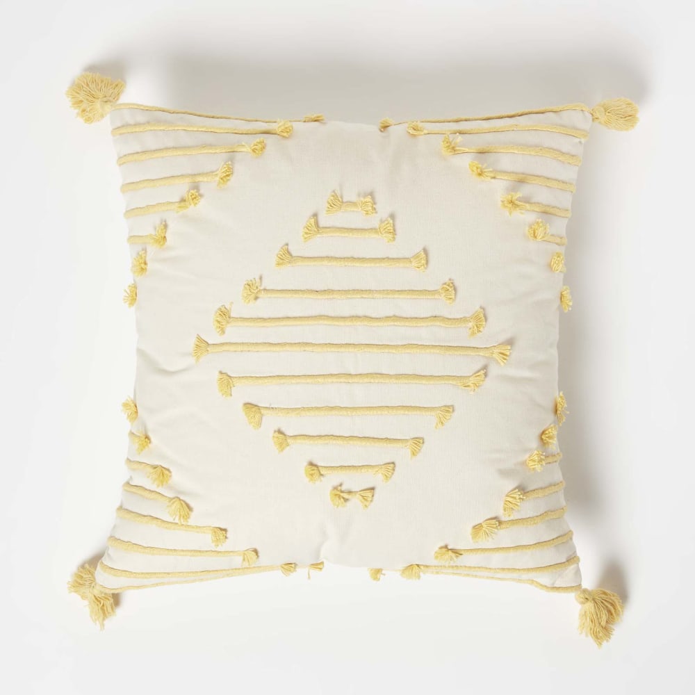 Coussin Blanc Et Jaune Brodé À Pompons, 45x45cm - Homescapes