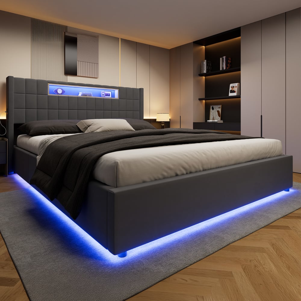 Lit Coffre Hydraulique 180x200 Cm En Velours Gris Avec Tête De Lit LED RGB, USB, Prises Et Rangement