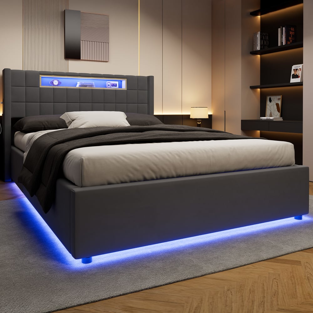 Lit Coffre Hydraulique 140x200 Cm En Velours Gris Avec Tête De Lit LED RGB, USB, Prises Et Rangement
