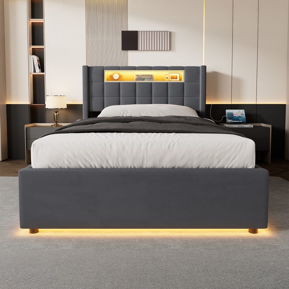 Lit Coffre Hydraulique 90x200 Cm En Velours Gris Avec Tête De Lit LED RGB, USB, Prises Et Rangement