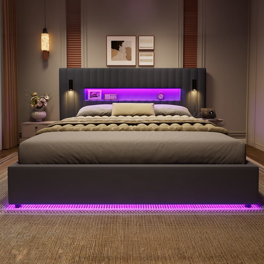Lit Coffre Hydraulique 180x200 Cm En Velours Gris Avec Tête De Lit Extra-Large, LED, USB Et Rangement