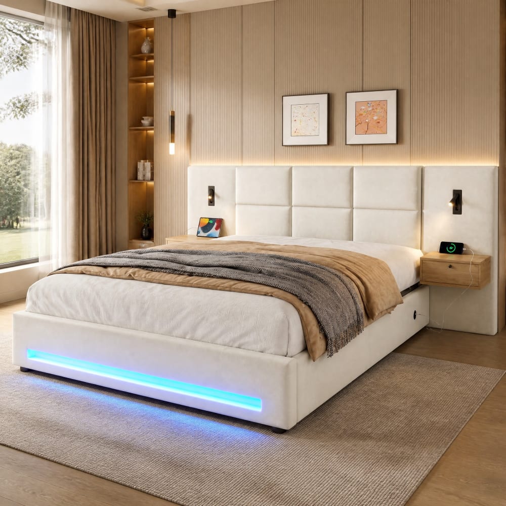 Lit coffre 180x200 cm en velours beige avec tiroirs de tête et USB-C