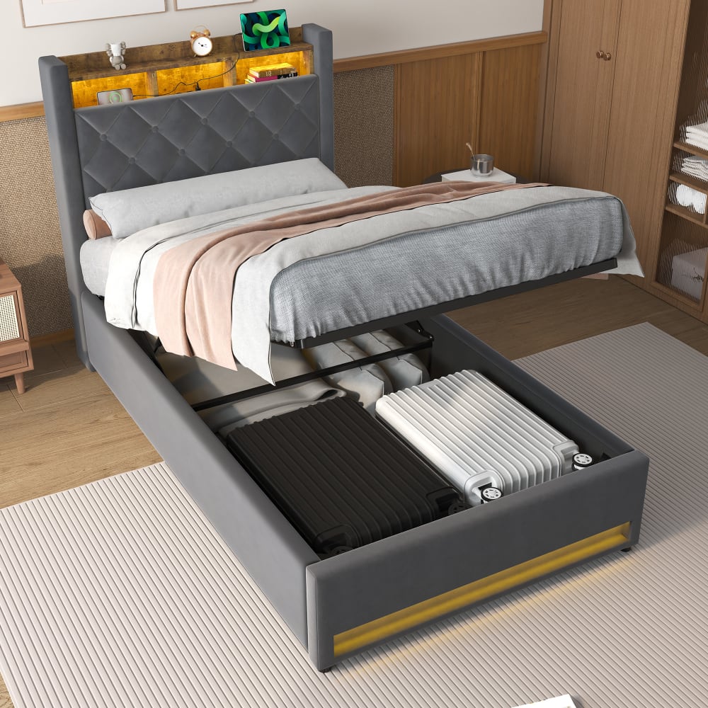 Lit simple 90x190 cm rembourré gris avec tête de lit LED intégrée et espace de rangement, sans matelas