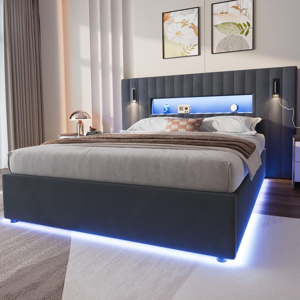 Lit Coffre Hydraulique 140x200 Cm En Velours Gris Avec Tête De Lit Extra-Large, Liseuses LED Et USB