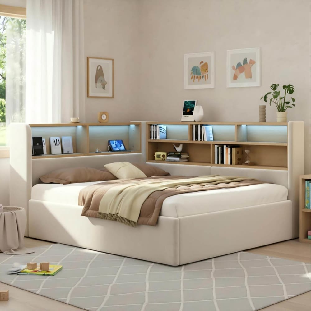 Lit de jour 140x190 cm en velours beige avec rangement hydraulique et LED