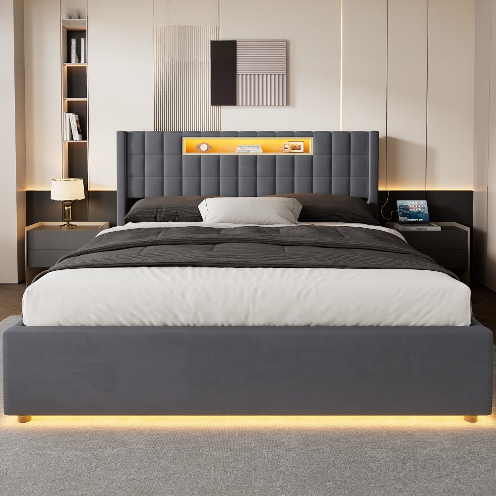 Lit Coffre Hydraulique 160x200 Cm En Velours Gris Avec Tête De Lit LED RGB, USB, Prises Et Rangement
