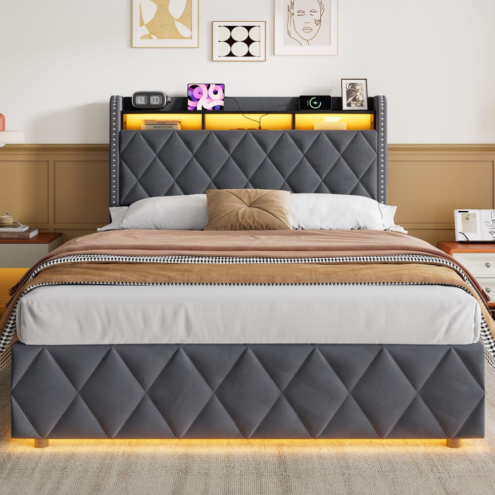 Lit Coffre Hydraulique 140x200 Cm En Tissu Gris Avec Tête De Lit Capitonnée LED, Rangement Et USB