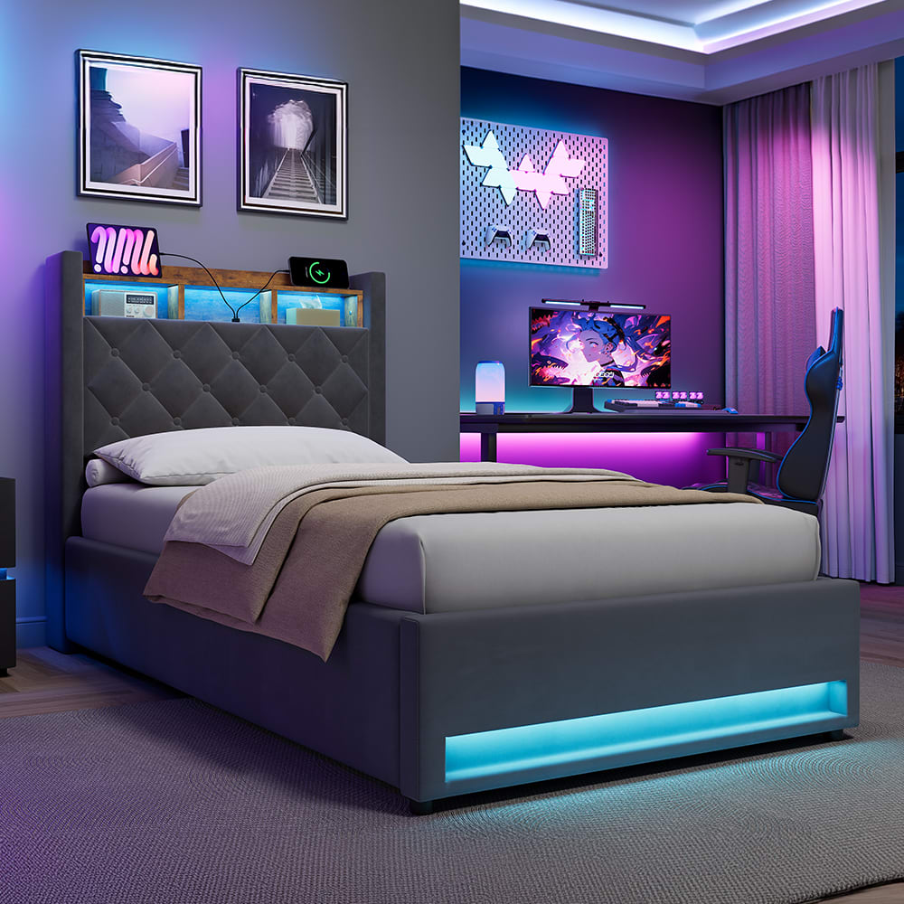 Lit simple 90x200 cm rembourré gris avec tête de lit LED intégrée et espace de rangement, sans matelas