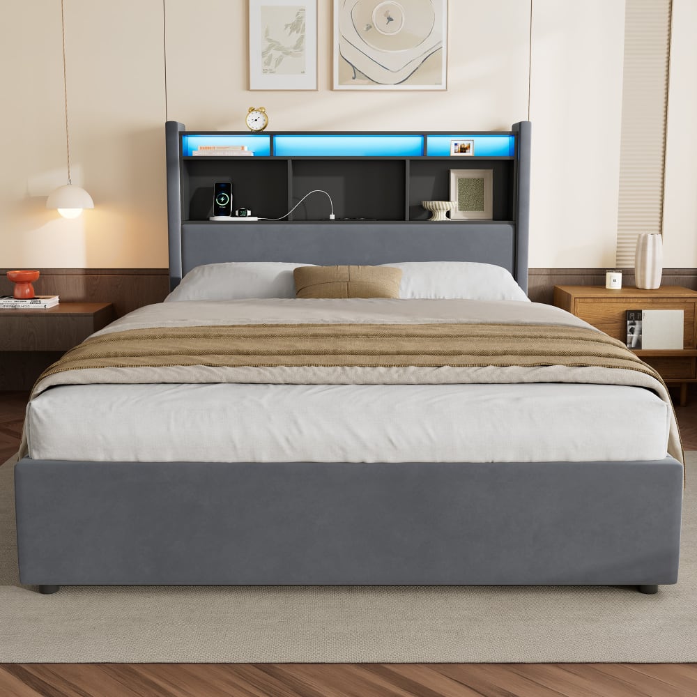 Lit Coffre Hydraulique 140x200 Cm En Velours Gris Foncé Avec Tête De Lit LED, Rangement Et USB