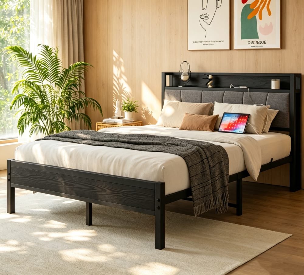 Lit 90x200 cm métal noir avec tête de lit, rangement intégré et base solide, sans matelas