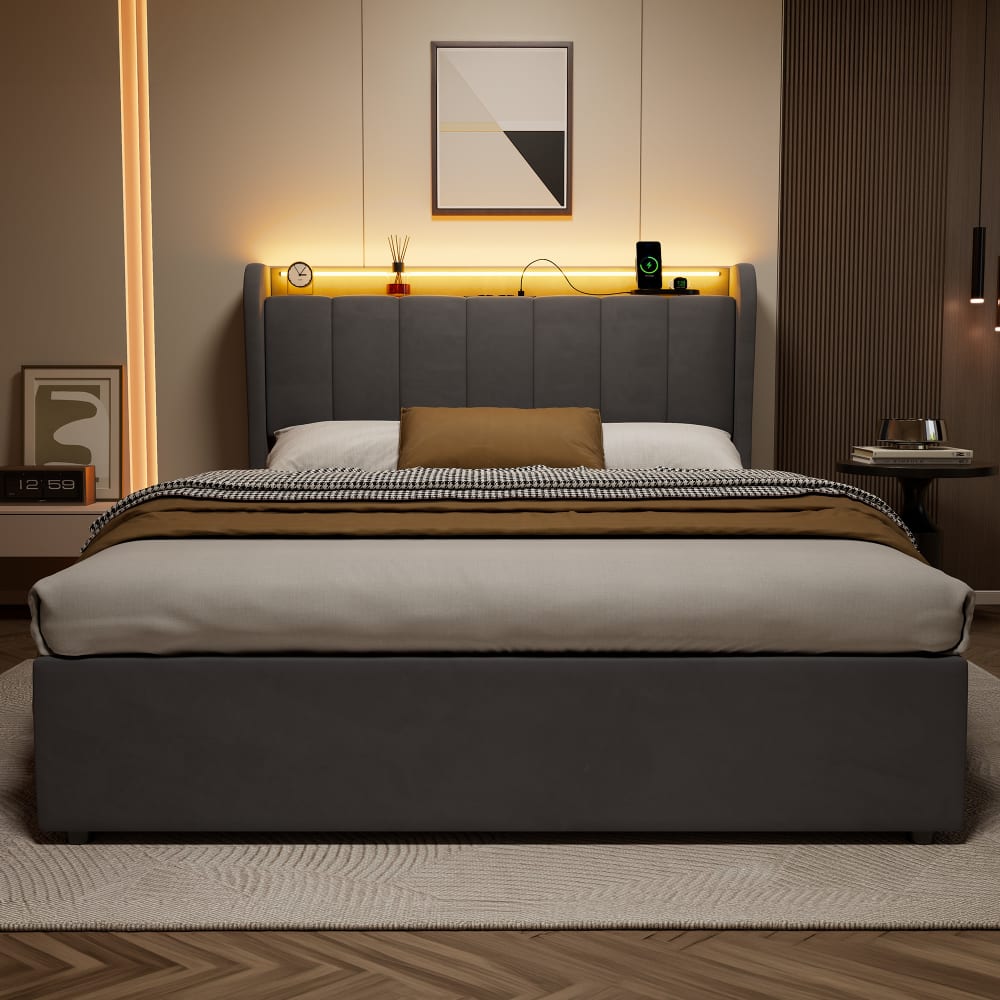 Lit Coffre Hydraulique 140x200 Cm En Velours Gris Foncé Avec Tête De Lit LED Et Rangement