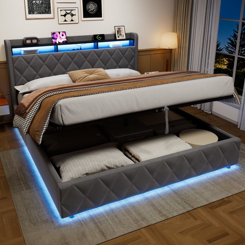 Lit Coffre Hydraulique 180x200 Cm Gris Avec Tête De Lit Capitonnée À Losanges, LED, Rangement Et USB