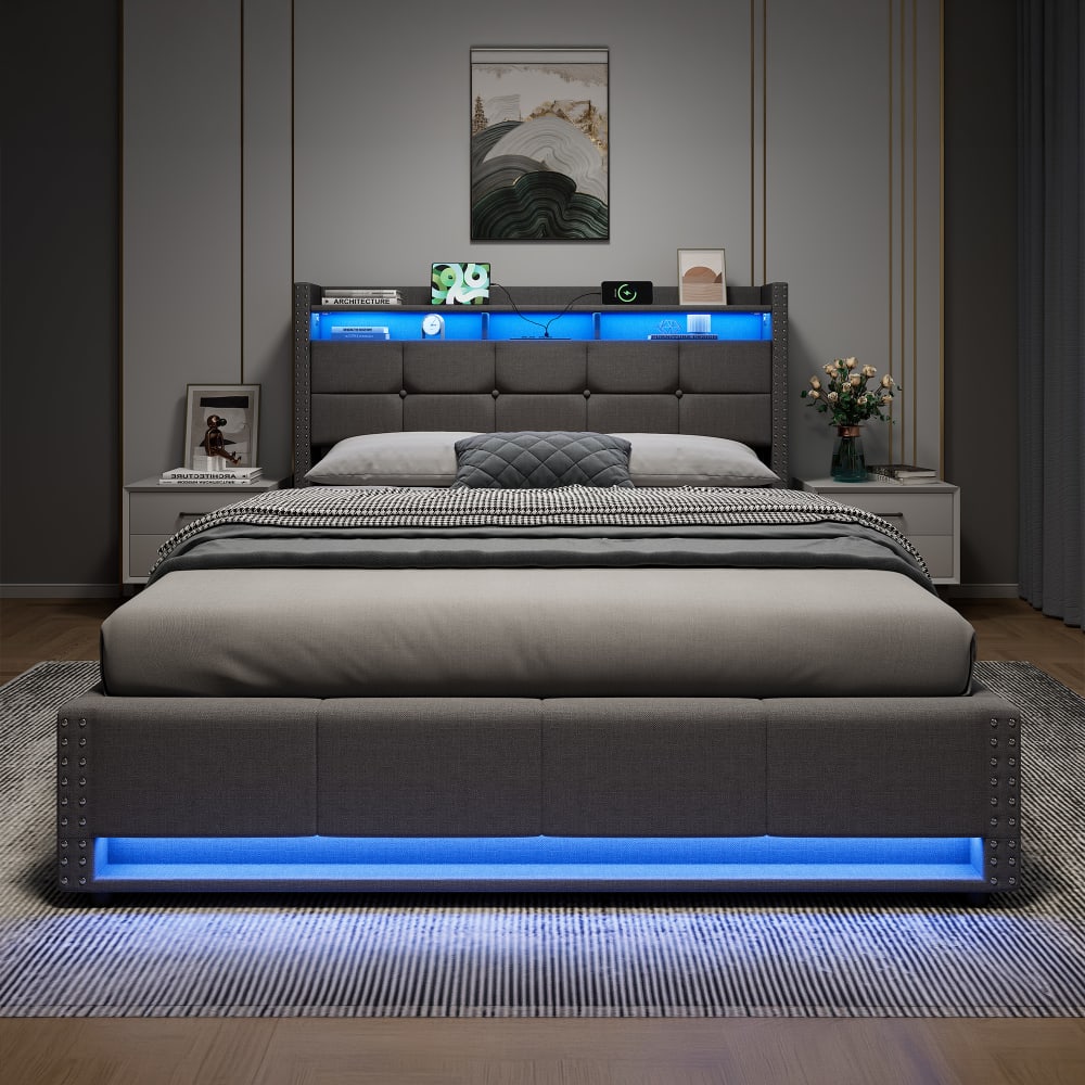 Lit Coffre Hydraulique 140x200Cm En Tissu Gris Avec Tête De Lit Capitonnée LED RGB,USB Et Prises