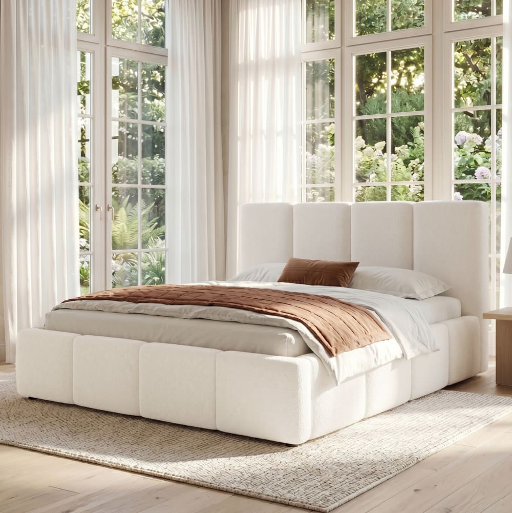 Lit double 180x200 cm en bouclé beige avec sommier à lattes
