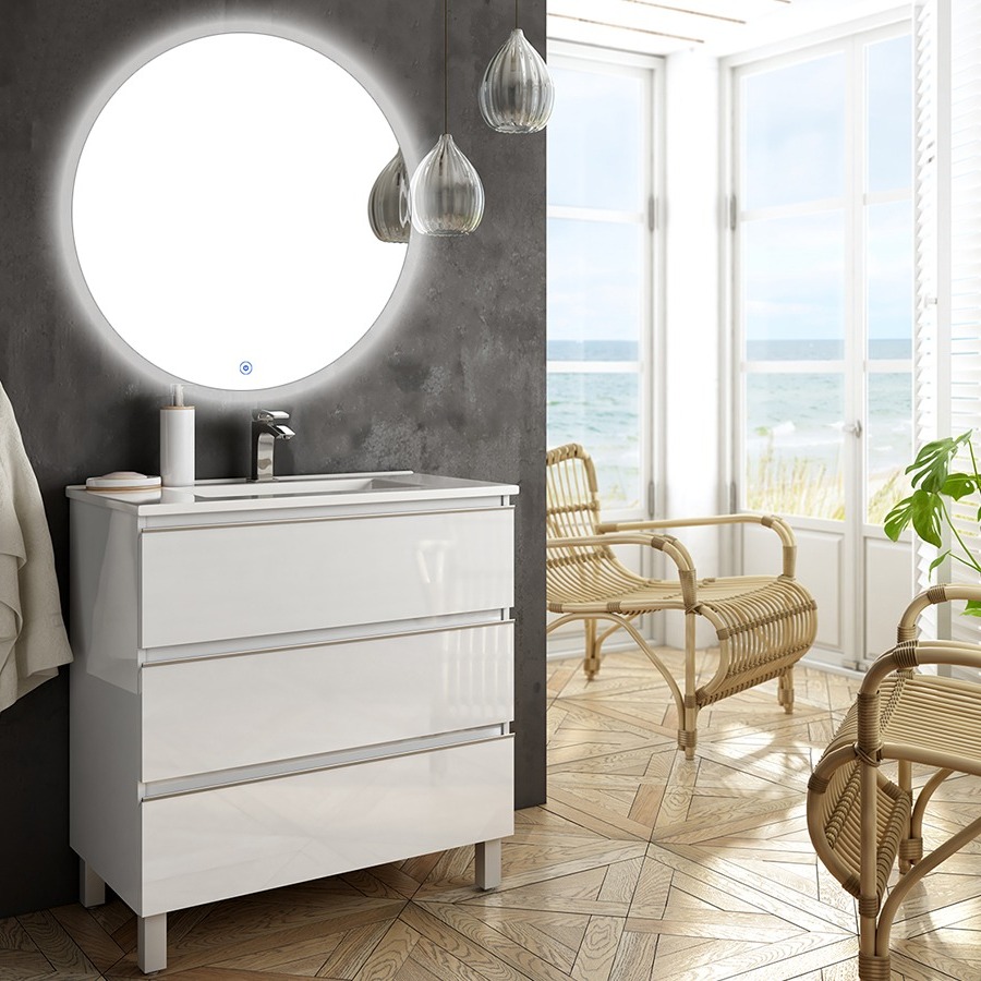 Meuble de salle de bain simple vasque 3 tiroirs PALMA et miroir rond Led SOLEN blanc 80 cm COSYNEO ING3CPALMA80SOLENBLA
