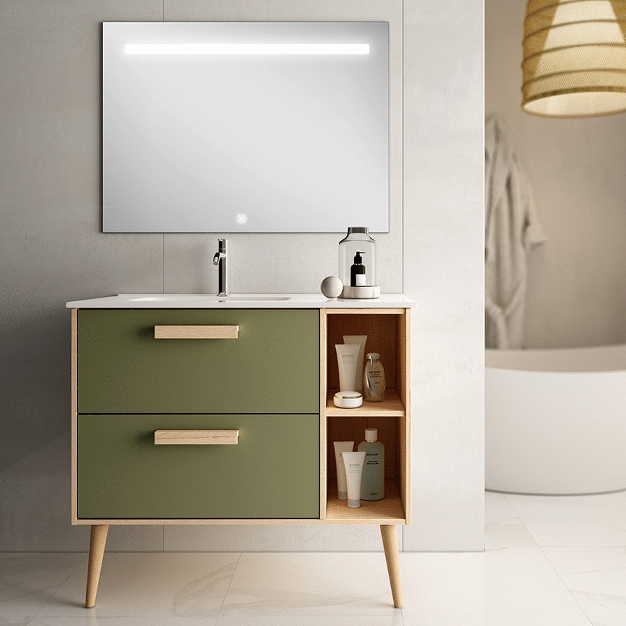 Meuble de salle de bain vasque déportée 2 tiroirs MALIA et miroir Led STAM vert olive 80 cm COSYNEO MALMALIA80STAMOLI
