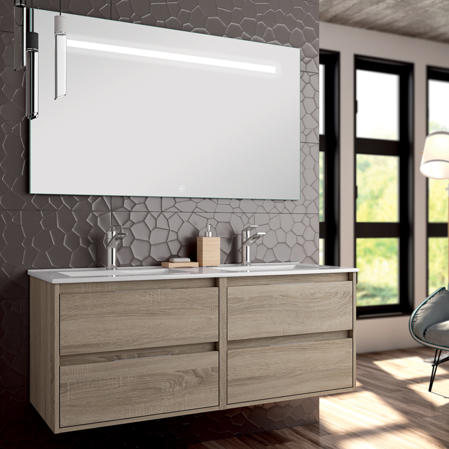 Meuble de salle de bain double vasque 4 tiroirs IRIS et miroir Led STAM cambrian (chêne) 120 cm COSYNEO SIRIRIS120STAMCAM