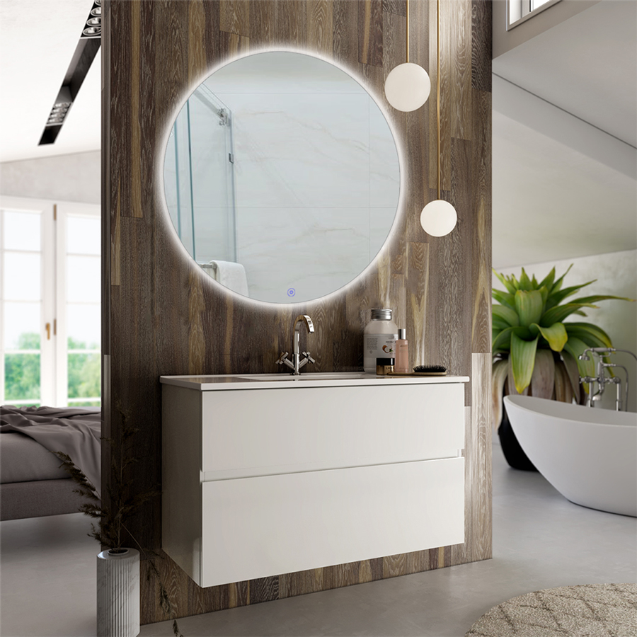 Meuble de salle de bain simple vasque 2 tiroirs MIG et miroir rond Led SOLEN blanc 70 cm COSYNEO NIZMIG70SOLENBLA