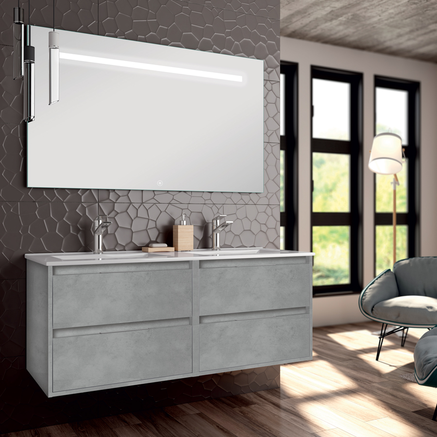 Meuble de salle de bain double vasque 4 tiroirs IRIS et miroir Led STAM ciment (gris) 120 cm COSYNEO SIRIRIS120STAMCIM
