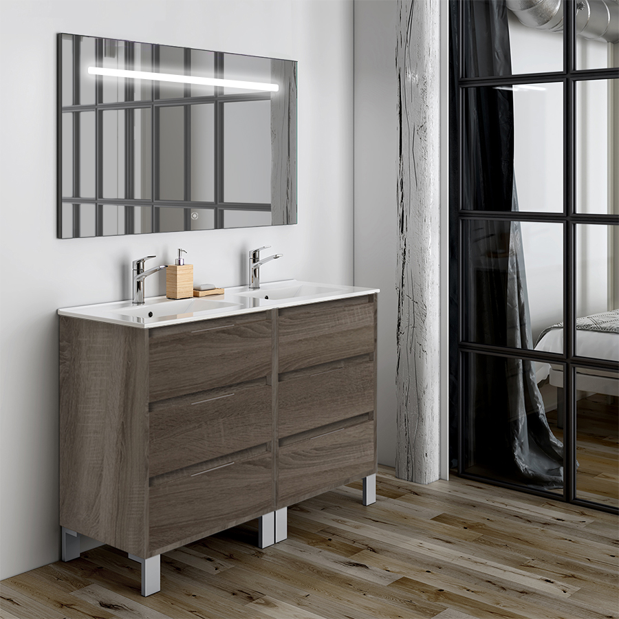 Meuble de salle de bain double vasque 6 tiroirs TIRIS 3C et miroir Led STAM britannia (chêne foncé) 120 cm COSYNEO SIRTIRIS120STAMBRI