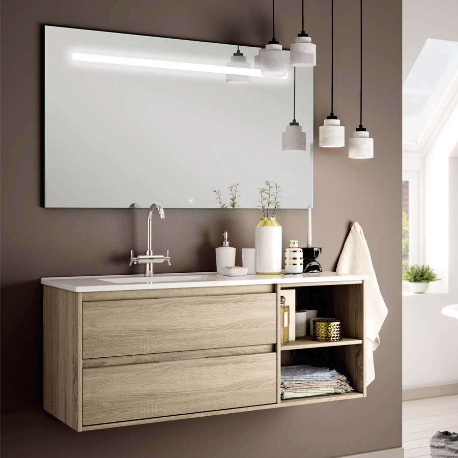 Meuble de salle de bain OLYMPE vasque déportée 2 tiroirs et miroir Led STAM cambrian (chêne) 120 cm COSYNEO VENOLYMPE120STAMCAM