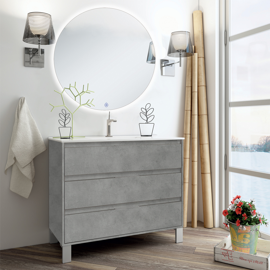 Meuble de salle de bain simple vasque 3 tiroirs TIRIS 3C et miroir rond Led SOLEN ciment (gris) 80 cm COSYNEO- SIRTIRIS80SOLENCIM