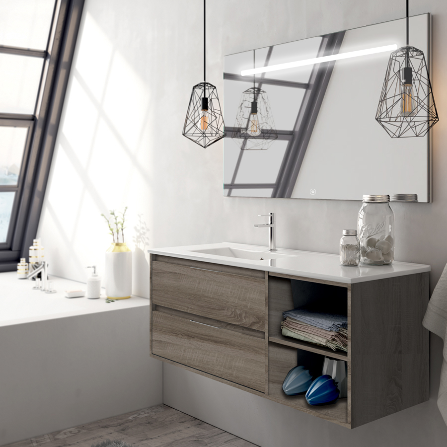 Meuble de salle de bain OLYMPE vasque déportée 2 tiroirs et miroir Led STAM britannia (chêne foncé) 120 cm COSYNEO VENOLYMPE120STAMBRI