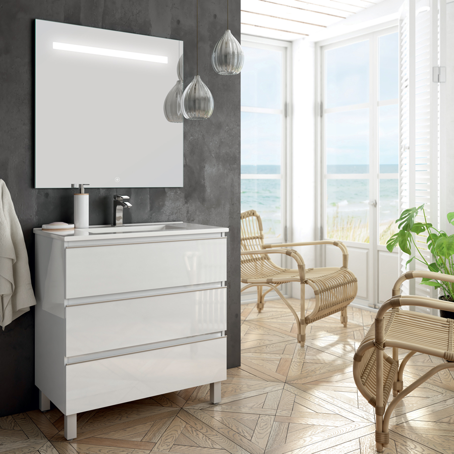 Meuble de salle de bain simple vasque 3 tiroirs PALMA et miroir Led STAM blanc 100 cm COSYNEO ING3CPALMA100STAMBLA
