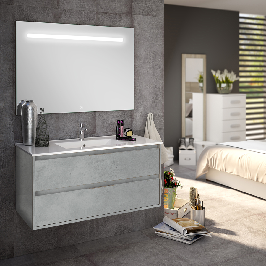 Meuble de salle de bain simple vasque 2 tiroirs IRIS et miroir Led STAM ciment (gris) 100 cm COSYNEO SIRIRIS100STAMCIM