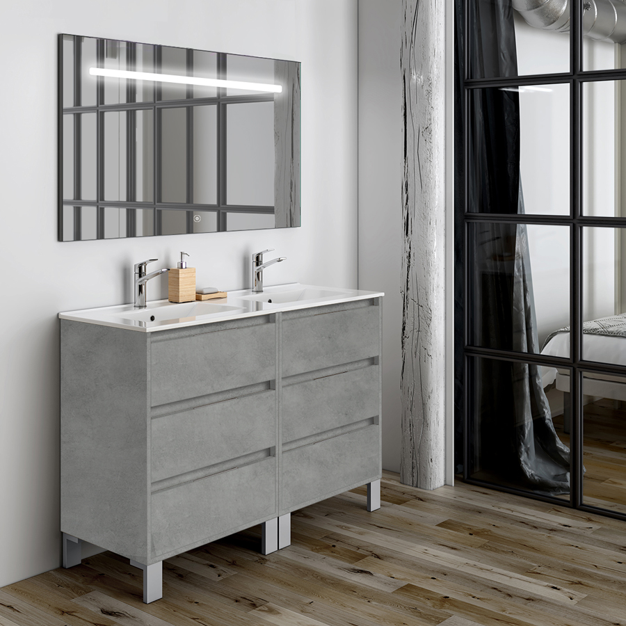 Meuble de salle de bain double vasque 6 tiroirs TIRIS 3C et miroir Led STAM ciment (gris) 120 cm COSYNEO SIRTIRIS120STAMCIM