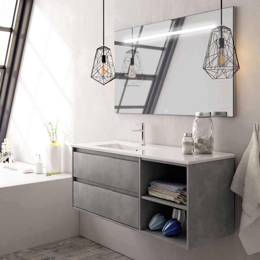 Meuble de salle de bain OLYMPE vasque déportée 2 tiroirs et miroir Led STAM ciment (gris) 120 cm COSYNEO VENOLYMPE120STAMCIM