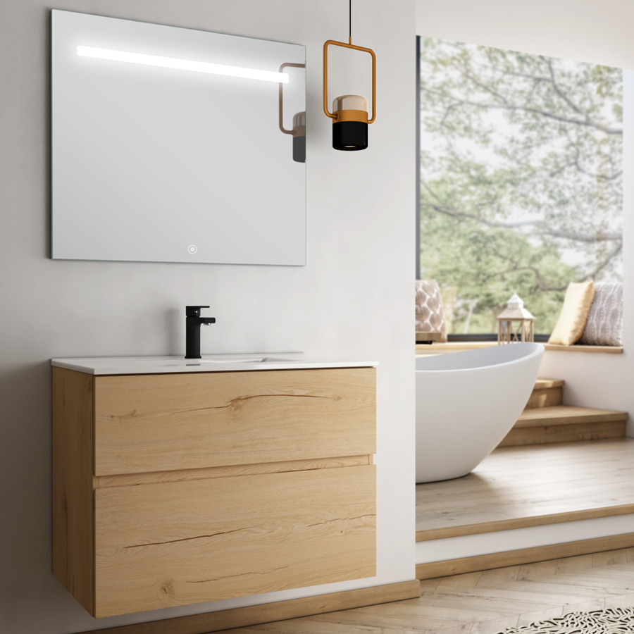 Meuble de salle de bain simple vasque 2 tiroirs MIG et miroir Led STAM roble (chêne clair) 100 cm COSYNEO NIZMIG100STAMROB