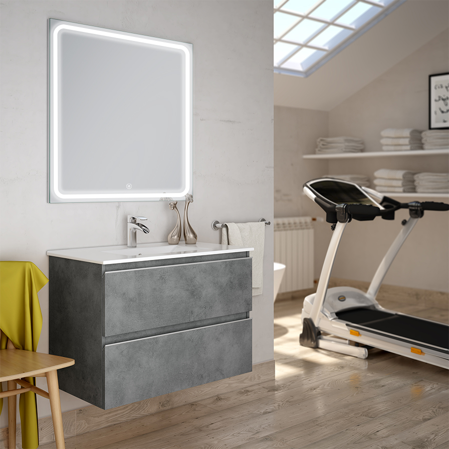 Meuble de salle de bain simple vasque 2 tiroirs BALEA et miroir Led VELDI ciment (gris) 100 cm COSYNEO INGBALEA100VELDICIM