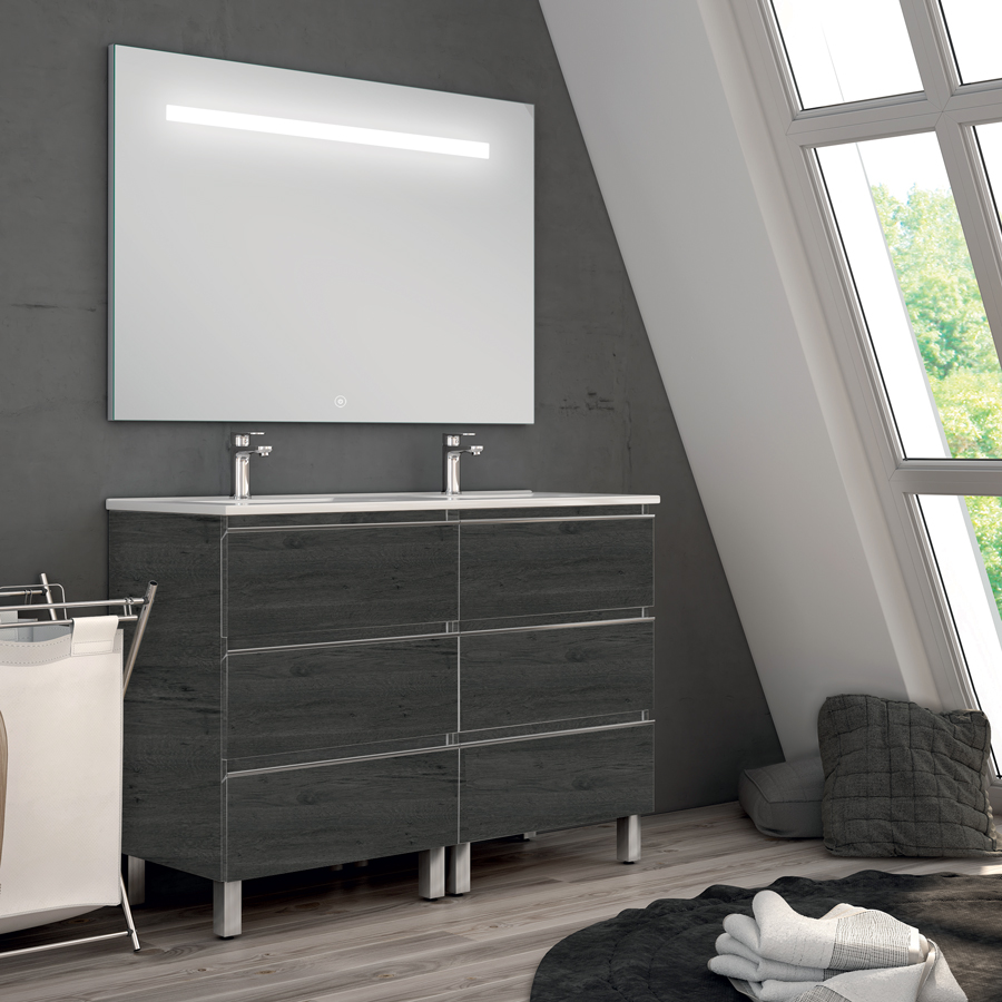 Meuble de salle de bain double vasque 6 tiroirs PALMA et miroir Led STAM ebony (bois noir) 120 cm COSYNEO ING3CPALMA120STAMEBO