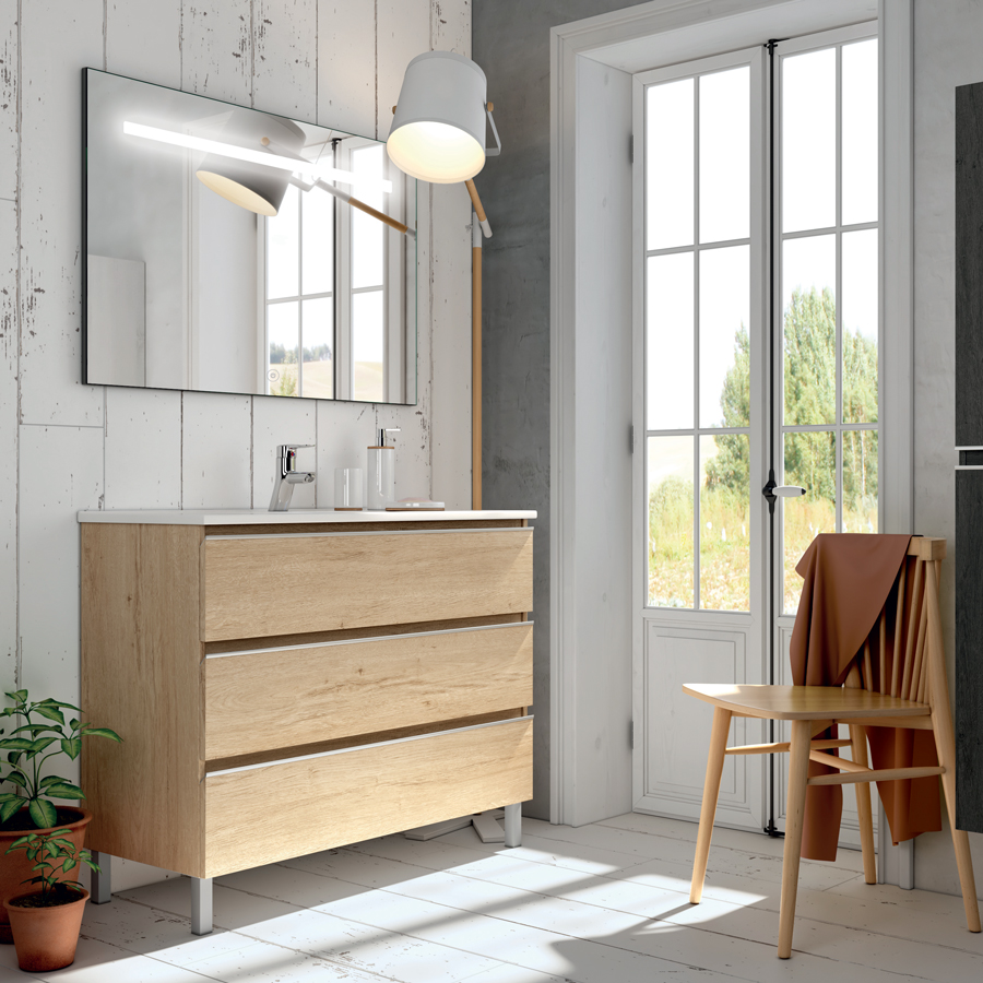 Meuble de salle de bain simple vasque 3 tiroirs PALMA et miroir Led STAM bambou (chêne clair) 100 cm COSYNEO ING3CPALMA100STAMBAM