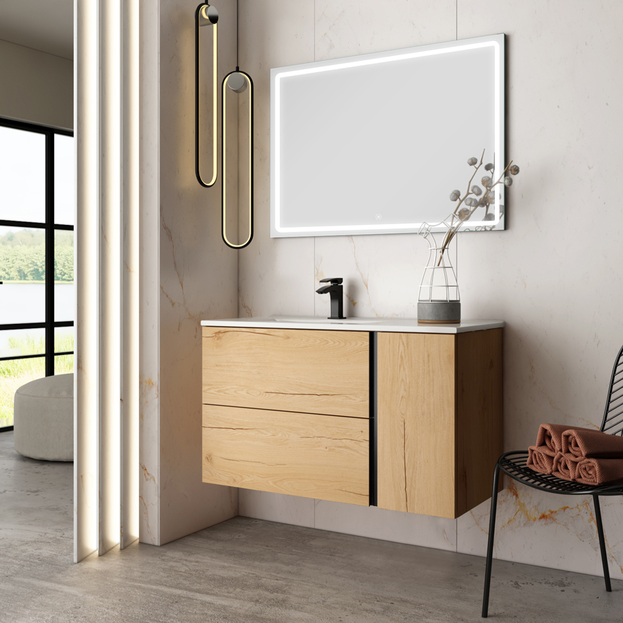 Meuble de salle de bain vasque déportée 2 tiroirs PRADO et miroir Led VELDI roble (chêne clair) 100 cm COSYNEO NOXPRADO100VELDIROB