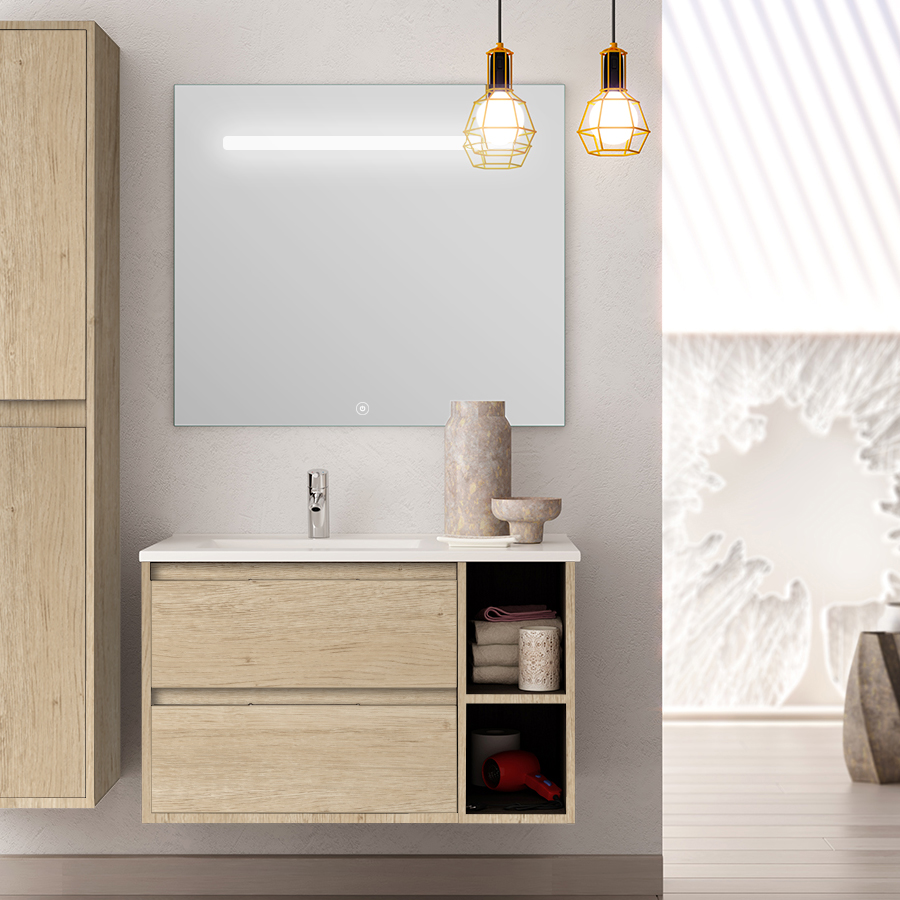 Meuble de salle de bain OLYMPE vasque déportée 2 tiroirs et miroir Led STAM cambrian (chêne) 80 cm COSYNEO VENOLYMPE80STAMCAM