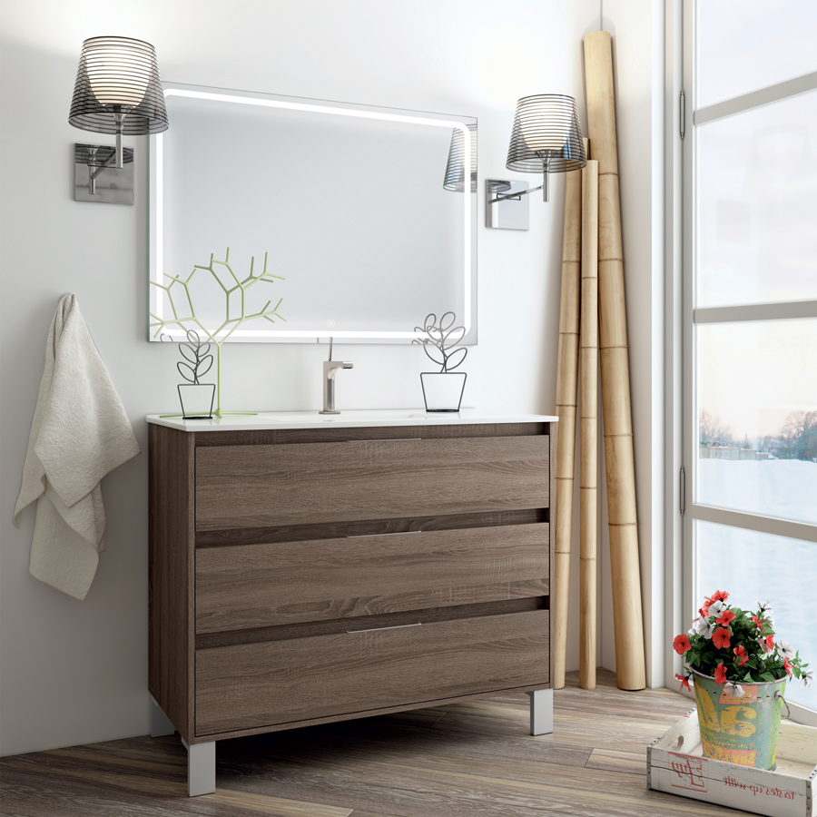 Meuble de salle de bain simple vasque 3 tiroirs TIRIS 3C et miroir Led VELDI britannia (chêne foncé) 100 cm COSYNEO SIRTIRIS100VELDIBRI