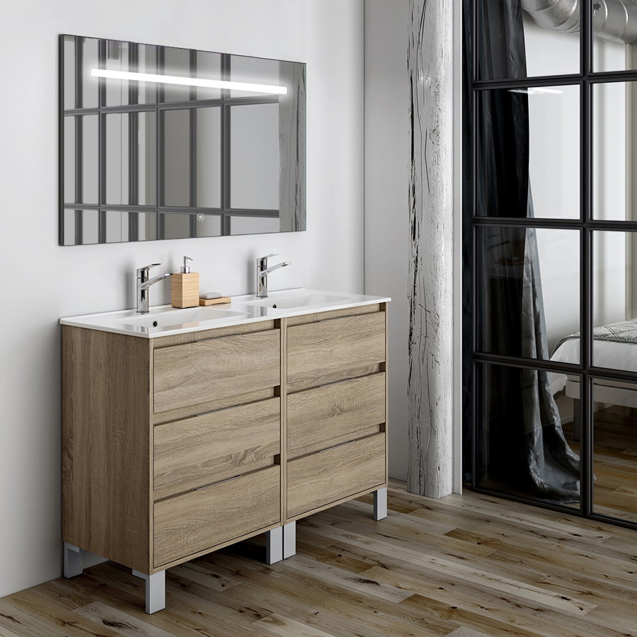 Meuble de salle de bain double vasque 6 tiroirs TIRIS 3C et miroir Led STAM cambrian (chêne) 120 cm COSYNEO SIRTIRIS120STAMCAM