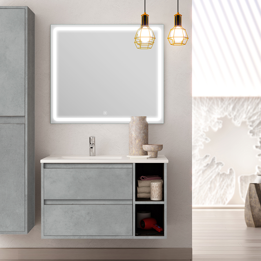 Meuble de salle de bain OLYMPE vasque déportée 2 tiroirs et miroir Led VELDI ciment (gris) 80 cm COSYNEO VENOLYMPE80VELDICIM