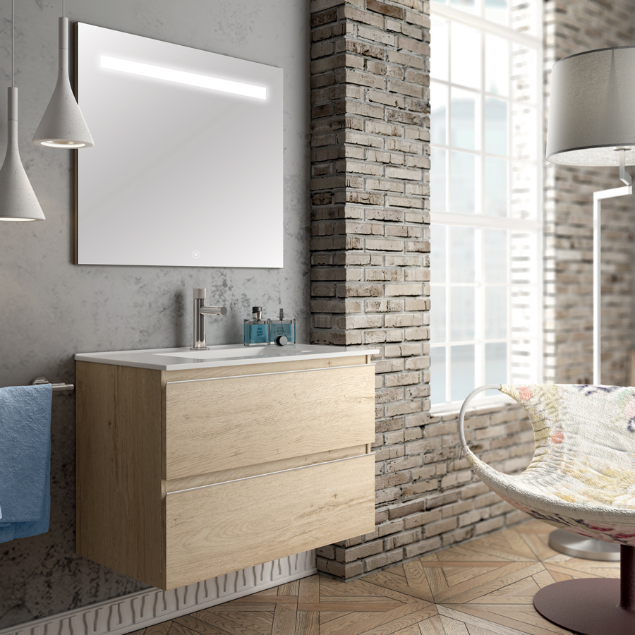 Meuble de salle de bain simple vasque 2 tiroirs BALEA et miroir Led STAM bambou (chêne clair) 100 cm COSYNEO INGBALEA100STAMBAM