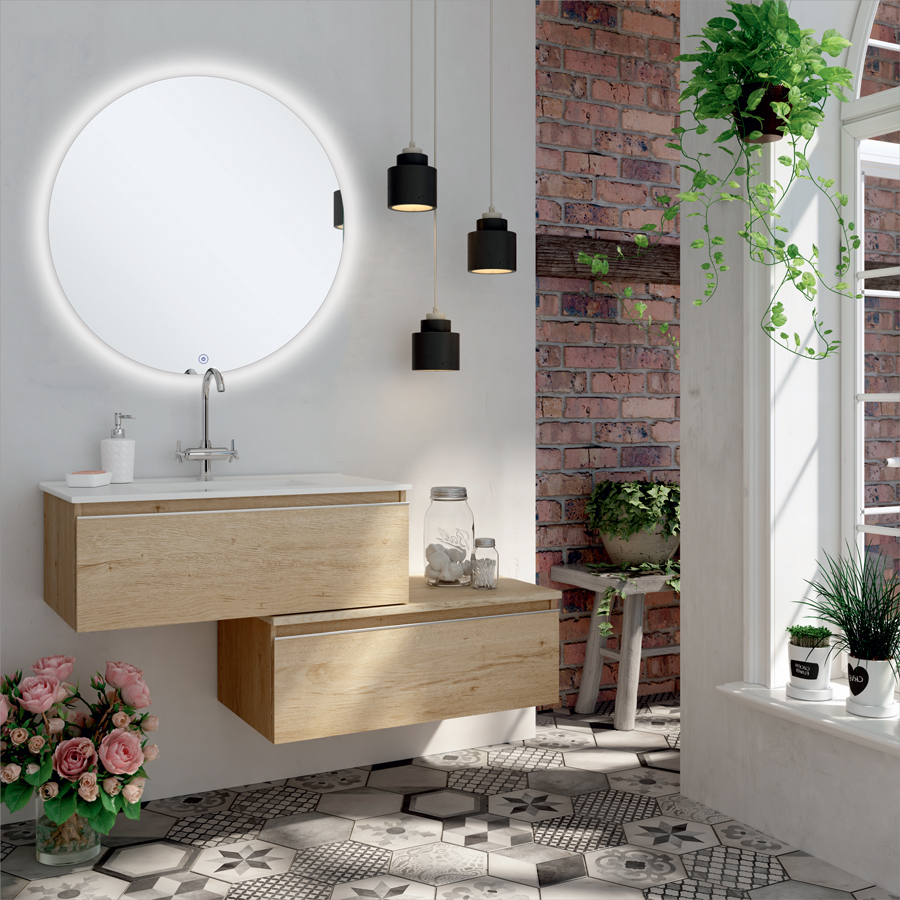 Meuble de salle de bain PENA simple vasque 2 tiroirs et miroir rond Led SOLEN bambou (chêne clair) 120 cm COSYNEO GIBPENA120SOLENBAM